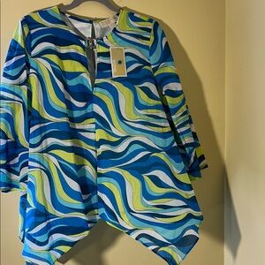 Michael Kors Blue Green Wave-Print Bell Sleeve Blouse
